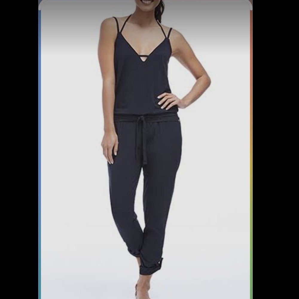 Fabletics Women Black V-Neck Cross Back Drawstring Waist Jumpsuit Large